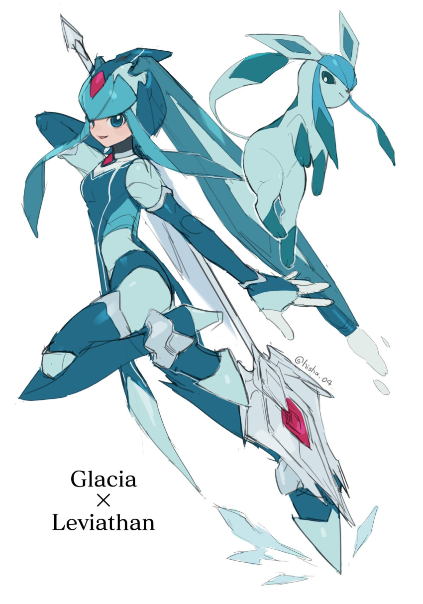 1girl armor artist_name blue_eyes bodysuit cosplay glaceon glaceon_(cosplay) helmet high_heels highres holding holding_weapon leviathan_(mega_man) mega_man_(series) mega_man_zero_(series) pokemon pokemon_(creature) robot_girl vani_(hisha_04) weapon