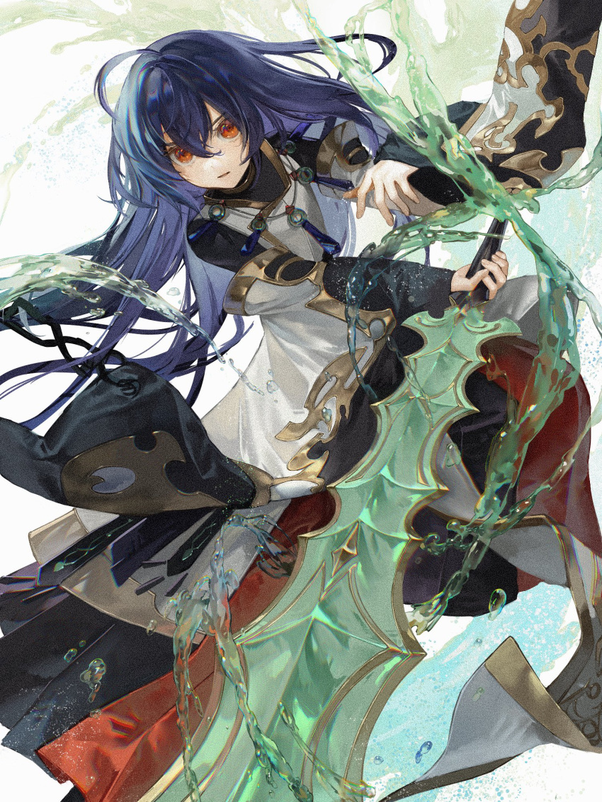 1other ahoge androgynous black_hair black_hakama daeraeband fate/grand_order fate/samurai_remnant fate_(series) hair_intakes hakama highres holding holding_sword holding_weapon jade_(gemstone) japanese_clothes jewelry long_hair multicolored_pants necklace orange_eyes pants red_hakama solo sword unsheathed very_long_hair water water_drop weapon yamato_takeru_(fate)