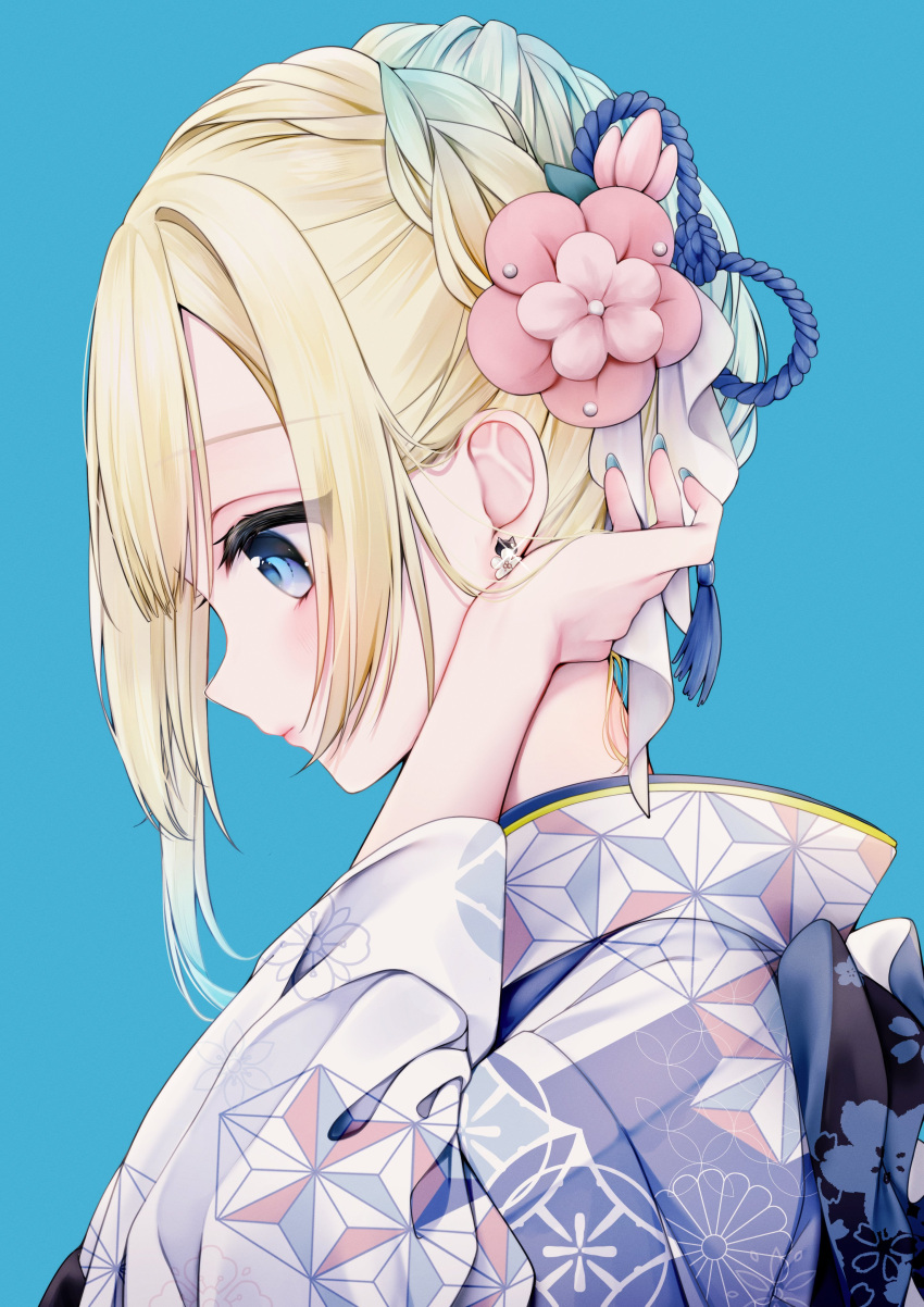 1girl absurdres aizawa_ema blonde_hair blue_background blue_eyes blue_hair blue_kimono blue_nails bow braid cat_earrings flower french_braid from_side gradient_hair gradient_kimono hair_bow hair_bun highres japanese_clothes kimono long_hair long_sleeves looking_down miko_suuuuu multicolored_hair neck pink_bow pink_flower profile simple_background solo upper_body virtual_youtuber vspo! white_kimono wide_sleeves