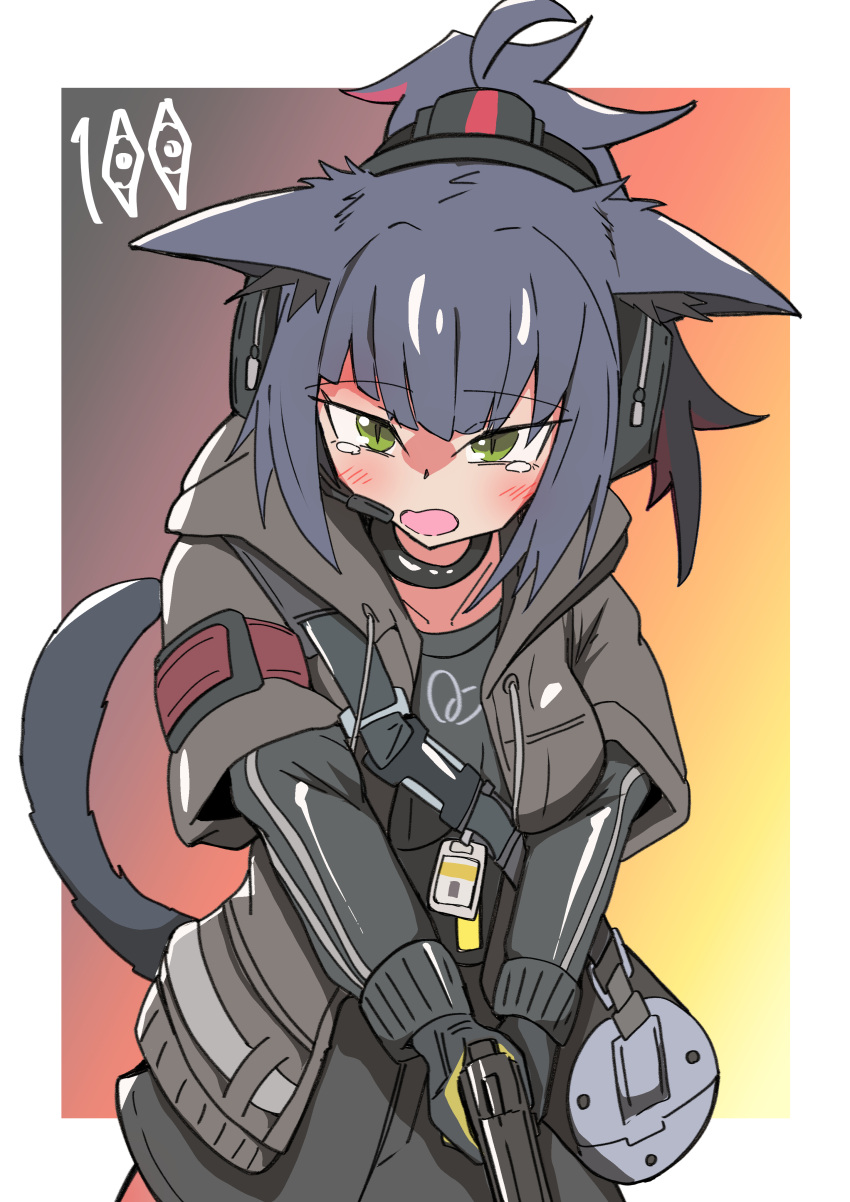 100_(gearr3x) 1girl absurdres animal_ears arknights artist_logo bag black_gloves black_jacket black_shirt black_shorts blue_hair blush border cat_ears cat_girl cat_tail cowboy_shot gloves gradient_background green_eyes gun headset highres holding holding_gun holding_weapon implied_extra_ears jacket jessica_(arknights) layered_sleeves long_hair long_sleeves looking_at_viewer open_clothes open_jacket outside_border ponytail shirt short_sleeves shorts shoulder_bag simple_background solo tail weapon white_border