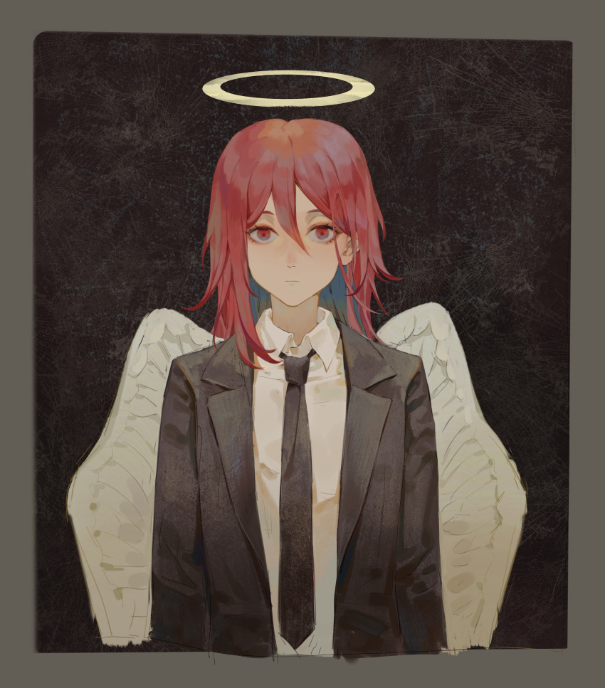 1boy absurdres androgynous angel angel_devil_(chainsaw_man) angel_wings black_jacket black_necktie border chainsaw_man chinese_commentary collared_shirt colored_inner_hair commentary double-parted_bangs grey_border hair_between_eyes halo highres jacket lapels long_hair looking_at_viewer male_focus multicolored_hair necktie notched_lapels qingshu red_eyes redhead shirt solo straight-on suit_jacket upper_body white_shirt wings yellow_halo