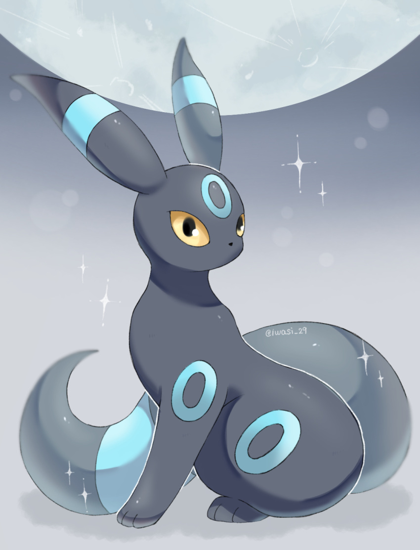 alternate_color animal_focus artist_name black_fur commentary_request facial_mark forehead_mark full_moon gradient_background grey_background highres iwasi_29 moon no_humans pokemon pokemon_(creature) shiny_pokemon sitting sparkle tail twitter_username umbreon yellow_eyes