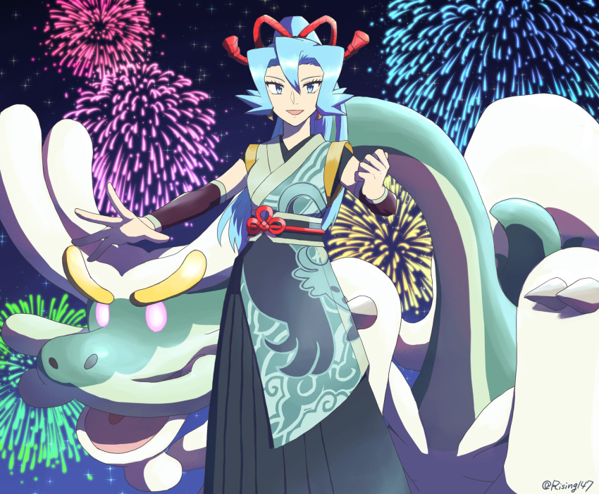 1girl blue_eyes blue_hair clair_(new_year's_2024)_(pokemon) clair_(pokemon) drampa fireworks highres japanese_clothes looking_at_viewer night night_sky official_alternate_costume open_mouth pokemon pokemon_(creature) pokemon_masters_ex ponytail rising147 sash sky sparkle star_(sky)