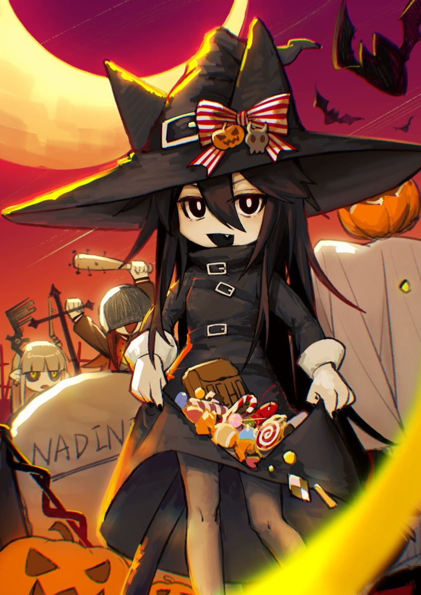 3girls absurdres animal animal_hat bat_(animal) belt black_dress black_eyes black_hair black_nails black_sclera bow bright_pupils brown_hair candy cat_girl cat_hat chlomaki_(wadanohara) clothes_lift colored_sclera colored_skin crescent_moon demon_girl demon_horns dj_met dress dress_lift duuuust_w earrings fang food funamusea gradient_sky grey_hair halloween hat hat_belt hat_bow hat_ornament hat_with_ears helmet highres holding holding_club holding_weapon horns jack-o'-lantern jack-o'-lantern_hat_ornament jewelry kurotsuno moon multiple_belts multiple_girls oounabara_to_wadanohara open_mouth orange_sky pointy_ears purple_sky skull_hat_ornament sky solo_focus striped striped_bow sutare_yume tombstone weapon white_pupils white_skin witch witch_hat yellow_eyes