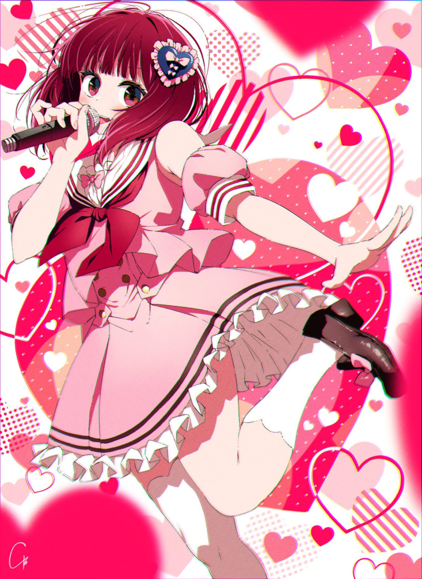 1girl 4b-enpitsu arima_kana asymmetrical_legwear blush brown_footwear chromatic_aberration commentary detached_sleeves dress film_grain hair_ornament heart heart_hair_ornament highres idol idol_clothes kneehighs loafers looking_at_viewer medium_hair neckerchief open_mouth oshi_no_ko pink_dress puffy_sleeves red_eyes red_neckerchief redhead sailor_collar sailor_dress shoes signature single_kneehigh single_sock single_thighhigh sleeveless sleeveless_dress smile socks solo standing standing_on_one_leg teeth thigh-highs upper_teeth_only white_background white_sailor_collar white_socks