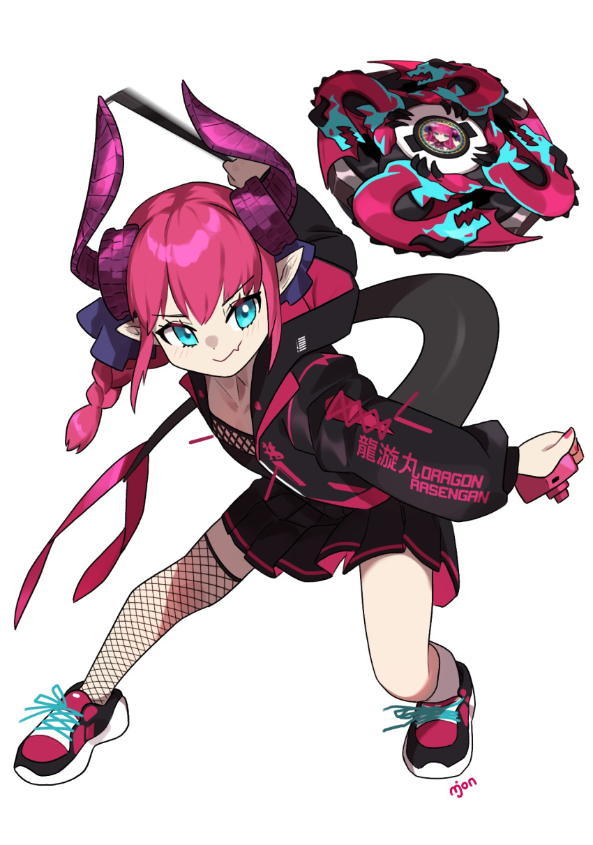 1girl alternate_costume asymmetrical_horns beyblade beyblade_(object) black_jacket black_skirt blue_eyes curled_horns dragon_girl dragon_horns dragon_tail elizabeth_bathory_(fate) elizabeth_bathory_(fate/extra_ccc) fang fate/grand_order fate_(series) finger_cots fishnet_thighhighs fishnets highres hood hooded_jacket horns jacket long_hair long_sleeves miniskirt monkey_jon pink_hair pleated_skirt pointy_ears shoes single_thighhigh skin_fang skirt smile sneakers solo tail thigh-highs uneven_horns