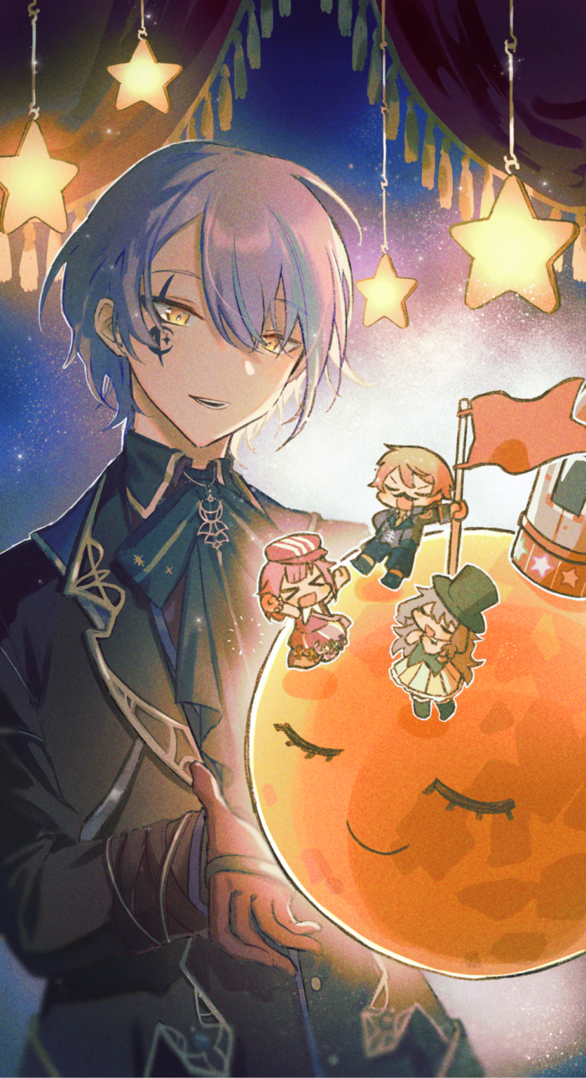 &gt;_&lt; 2boys 2girls ascot ball black_coat black_shirt blue_ascot blue_hair blue_pants blunt_bangs blurry center-flap_bangs closed_eyes coat collared_shirt colorful_festival_(project_sekai) commentary_request crescent crescent_facial_mark curtains depth_of_field dress facial_hair facial_mark flag full_body gloves green_hair green_headwear grey_jacket hair_between_eyes hat highres holding holding_flag hook jacket jumping kamishiro_rui kusanagi_nene lamp lapels long_hair looking_at_another looking_at_viewer midair mini_person miniboy multicolored_hair multiple_boys multiple_girls mustache necktie notched_lapels official_alternate_costume official_alternate_hairstyle ootori_emu open_mouth orange_eyes pants parted_lips pink_dress pink_hair pleated_skirt project_sekai purple_hair red_flag red_gloves red_headwear shirt short_hair skirt solo_focus sseri_0 stage_curtains star_(symbol) streaked_hair tassel tenma_tsukasa top_hat two-tone_hair upper_body white_skirt wonderlands_x_showtime_(project_sekai) yellow_eyes yellow_necktie