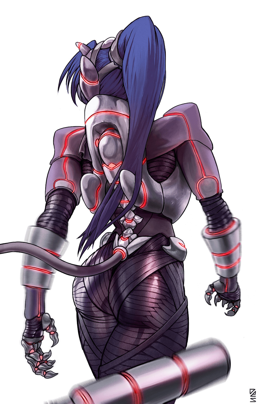 1girl absurdres armor arms_at_sides ass blue_hair claws des_(desvitio) glowing highres horns long_hair mecha mechanical_spine original ponytail robot science_fiction simple_background solo standing swept_bangs thighs