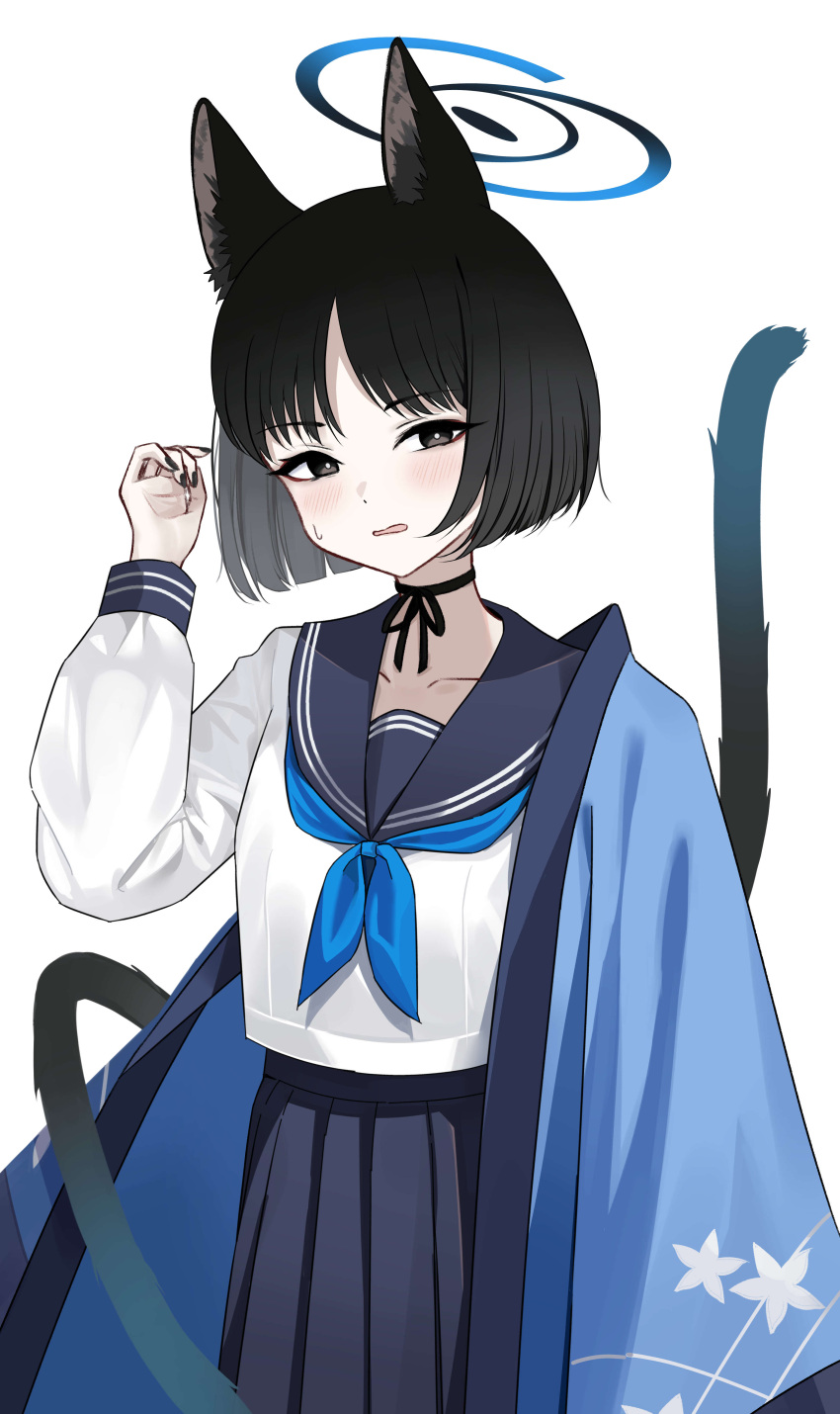 1girl absurdres animal_ears black_eyes black_hair black_sailor_collar black_skirt blue_archive blue_neckerchief cat_ears cat_tail haori highres japanese_clothes kikyou_(blue_archive) long_sleeves multiple_tails neckerchief pleated_skirt sailor_collar school_uniform serafuku short_hair simple_background skirt solo tail two_tails wasi white_background