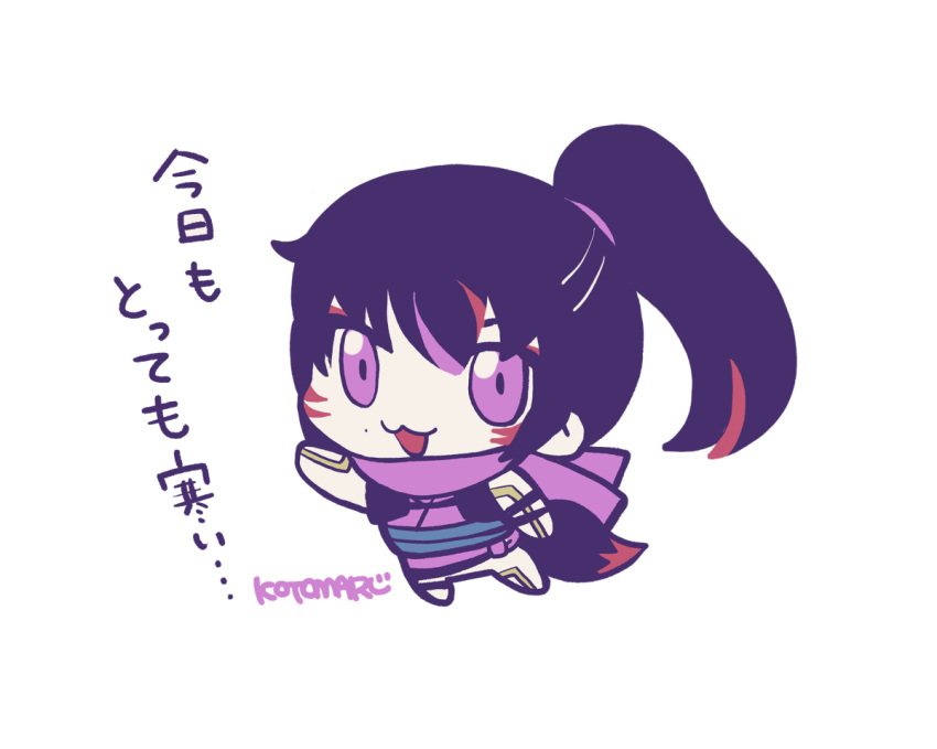 1girl :3 chibi facial_mark fox_tail kotorai kunimitsu_ii mole multicolored_hair no_nose open_mouth outstretched_arm ponytail purple_scarf scarf signature solo streaked_hair tail tekken translation_request violet_eyes whisker_markings white_background
