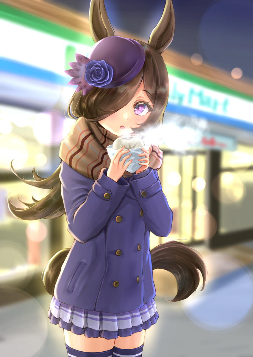 1girl absurdres animal_ears baozi blurry blurry_background blush building coat convenience_store cowboy_shot eating familymart food hair_over_one_eye hat highres holding holding_food horse_ears horse_girl horse_tail long_sleeves looking_at_viewer night open_mouth outdoors pleated_skirt rice_shower_(umamusume) scarf shop skirt solo steam striped striped_scarf tail thigh-highs umamusume violet_eyes yonatsu_yoshiaki