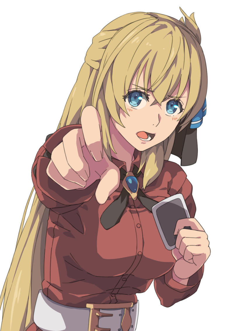 1girl agnes_claudel blonde_hair blue_eyes brooch card chiharu_(9654784) commentary_request double-parted_bangs eiyuu_densetsu eyelashes hair_between_eyes half_updo heart highres holding holding_card jewelry joker_(playing_card) kuro_no_kiseki long_hair mishy open_mouth playing_card pov simple_background teeth white_background