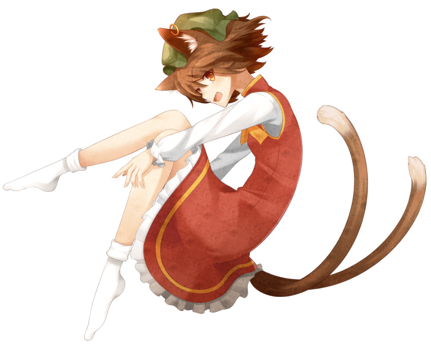 1girl animal_ear_fluff animal_ear_piercing animal_ears bare_legs bow bowtie brown_hair cat_ears cat_tail chen collared_dress commentary_request dress earrings fang frilled_dress frilled_hat frilled_sleeves frills from_side full_body green_headwear hand_on_own_leg hat hoop_earrings jewelry light_blush long_sleeves looking_at_viewer mob_cap multiple_tails nekomata no_shoes open_mouth orange_eyes red_dress shiroino_(shirayuki_mutsuki) shirt short_dress short_hair simple_background sleeveless sleeveless_dress smile socks solo tail touhou two_tails white_background white_shirt white_sleeves white_socks yellow_bow yellow_bowtie