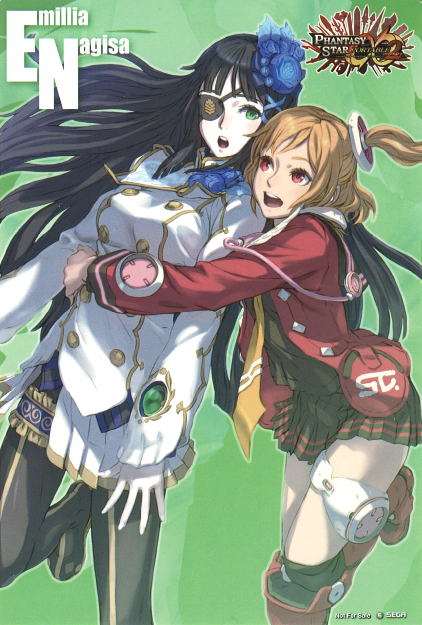 2girls :d :o black_hair blonde_hair character_name company_name copyright_name emilia_percival eyepatch flower green_background green_eyes hair_flower hair_ornament hair_ribbon highres hug jacket kneehighs leg_up logo long_hair looking_at_another medium_hair multiple_girls nagisa_(psp2i) necktie non-web_source not_for_sale official_art one_side_up pale_skin pantyhose phantasy_star phantasy_star_portable_2 phantasy_star_portable_2_infinity pleated_skirt red_eyes red_jacket ribbon scan scan_artifacts sidelocks skirt smile socks teeth thigh_strap upper_teeth_only yellow_necktie