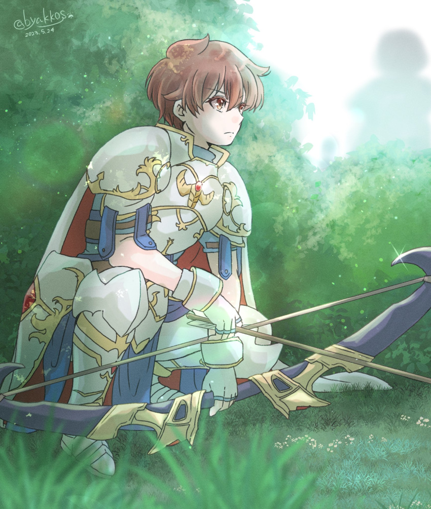 1boy armor arrow_(projectile) artist_name blurry blurry_foreground bow_(weapon) breastplate brown_eyes brown_hair bush byakkos closed_mouth commentary_request dated eyelashes fingerless_gloves fire_emblem fire_emblem:_thracia_776 full_body gloves gold_trim greaves highres holding holding_bow_(weapon) holding_weapon leif_(fire_emblem) on_grass pauldrons short_hair shoulder_armor sky solo squatting twitter_username weapon white_gloves white_sky