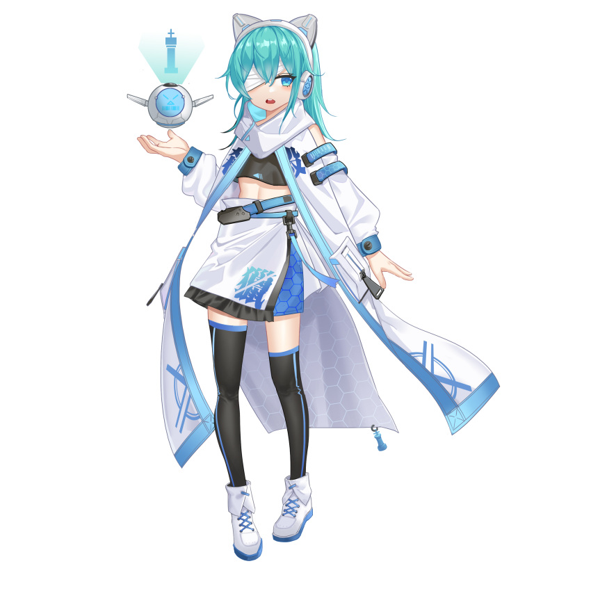 1girl absurdres animal_ear_headphones animal_ears aqua_hair bandage_over_one_eye belt black_socks black_thighhighs blue_belt blue_eyes blue_hair boots chess_piece collar fake_animal_ears floating floating_object full_body hand_up headphones hexagon_print highres hologram king_(chess) long_hair long_sleeves looking_to_the_side midriff_peek original parted_lips shoelaces simple_background skirt socks solo standing tachi-e teeth thigh-highs upper_teeth_only white_background white_collar white_footwear white_skirt white_sleeves zipper zipper_pull_tab zuomunan