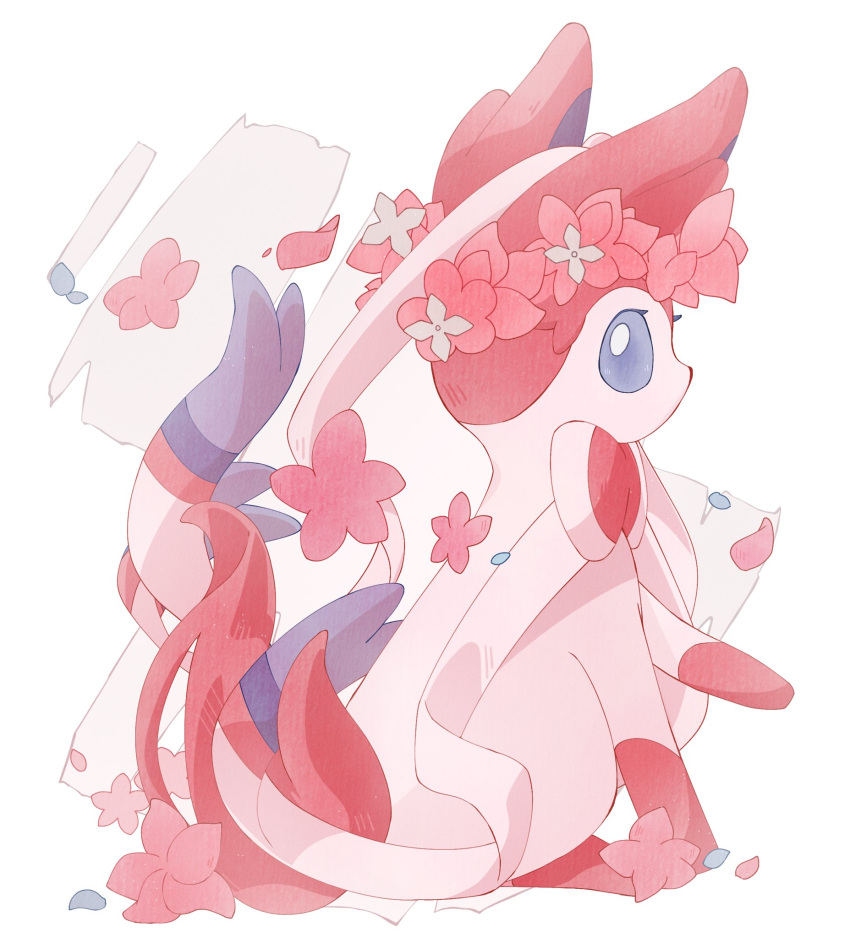 animal_focus blue_eyes bright_pupils commentary_request flower hair_flower hair_ornament highres looking_back no_humans pink_flower pokemon pokemon_(creature) prehensile_ribbon simple_background sitting soke_sa sylveon white_background white_fur