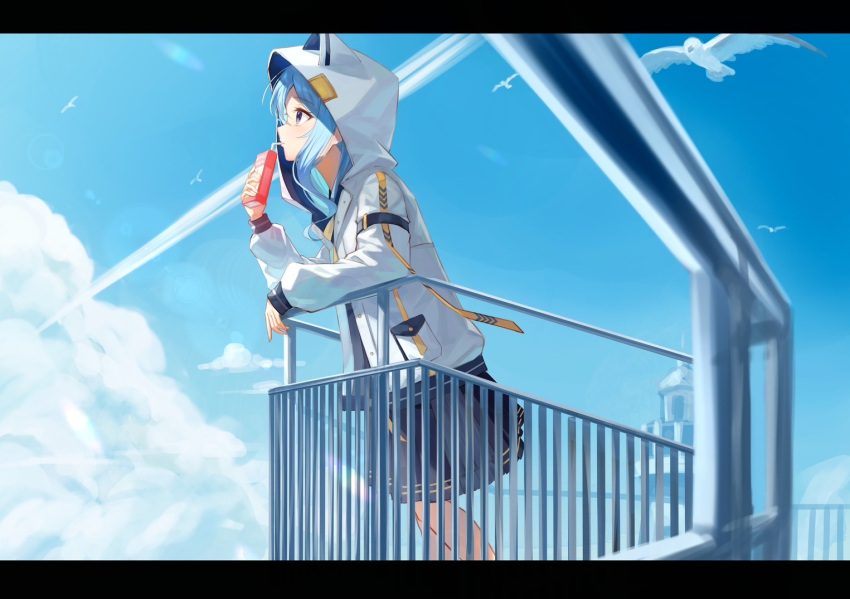 1girl against_railing animal_hood apple_juice arm_rest blue_eyes blue_hair blue_sky cat_hood clouds cloudy_sky commentary day drink drinking english_commentary feet_out_of_frame from_side hands_up holding holding_drink hololive hood hood_up hooded_jacket hoshimachi_suisei hoshimachi_suisei_(school_uniform) jacket juice juice_box letterboxed long_sleeves medium_hair official_alternate_costume outdoors pleated_skirt railing school_uniform sidelocks skirt sky solo standing virtual_youtuber white_jacket xyunx
