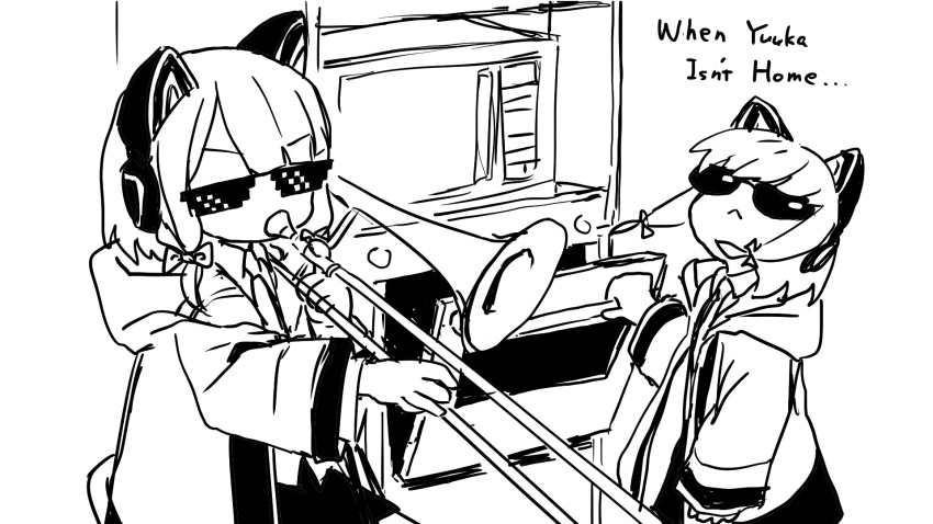 2girls blue_archive dress_shirt english_text highres jacket meme midori_(blue_archive) momoi_(blue_archive) monochrome multiple_girls odayaka shirt sunglasses when_mama_isn't_home_(meme)