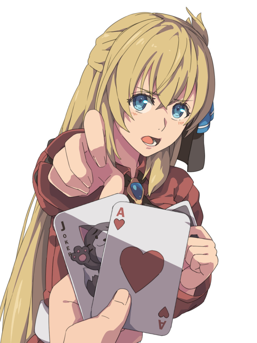 1boy 1girl ace_(playing_card) ace_of_hearts agnes_claudel blonde_hair blue_eyes brooch card chiharu_(9654784) commentary_request double-parted_bangs eiyuu_densetsu eyelashes hair_between_eyes half_updo heart highres holding holding_card jewelry joker_(playing_card) kuro_no_kiseki long_hair mishy old_maid open_mouth outside_border playing_card pov simple_background teeth van_arkride white_background