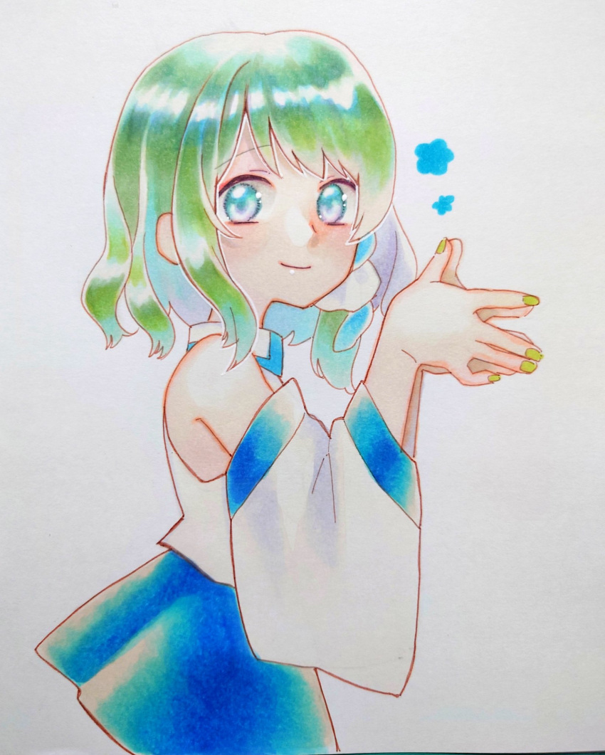 1girl alternate_hair_length alternate_hairstyle bare_shoulders blue_eyes blue_flower blue_skirt collared_shirt curly_hair detached_sleeves flower green_hair green_nails hands_up highres japanese_clothes kochiya_sanae long_sleeves looking_at_viewer medium_hair miko nail_polish nontraditional_miko own_hands_together shirt simple_background skirt sleeveless sleeveless_shirt smile touhou traditional_media white_background white_shirt whoru