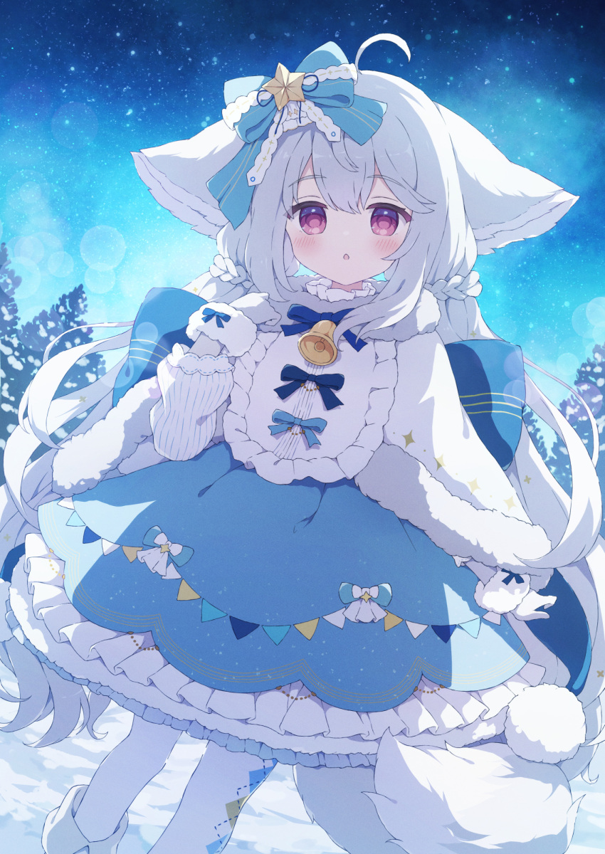 1girl animal_ears bell blue_bow blue_dress blush bow commentary_request commission dress feet_out_of_frame fox_ears fox_girl fox_tail fur_trim hair_bow highres long_hair looking_at_viewer low_twintails neck_bell original parted_lips sakurada_shiro skeb_commission solo standing tail twintails tyakomes violet_eyes white_hair winter_clothes