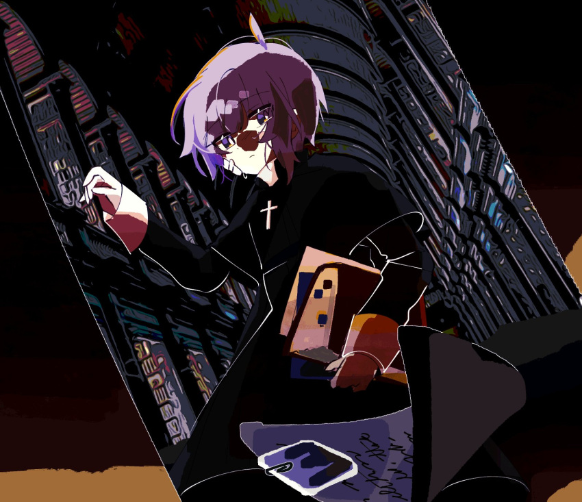 1boy ahoge asymmetrical_hair bandaid bandaid_on_face book bright_pupils cross cross_necklace dark_background flying_paper happy_saint_sheol highres holding holding_book jewelry library locker looking_down male_focus necklace paper priest purple_hair qcu_ssn securett_rafe shadowed solo violet_eyes white_pupils