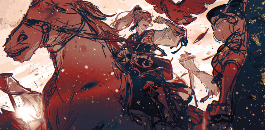 1boy archer_(fate/samurai_remnant) arm_up bird boots chinese_clothes chinese_hairpin clouds earrings egotism english_commentary fate/samurai_remnant fate_(series) flag high_ponytail highres holding holding_reins horse horseback_riding jewelry limited_palette looking_at_animal open_mouth reins riding smile tassel tassel_earrings