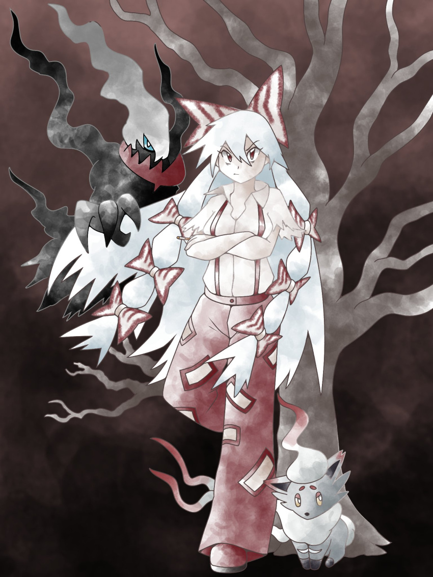 1girl bare_tree bow brown_background character_request closed_mouth collared_shirt commentary crossed_arms darkrai english_commentary fujiwara_no_mokou full_body greatmothsucks hair_between_eyes hair_bow highres long_hair looking_at_viewer pants pokemon pokemon_(creature) red_eyes red_pants shirt standing standing_on_one_leg suspenders touhou tree v-shaped_eyebrows white_hair white_shirt