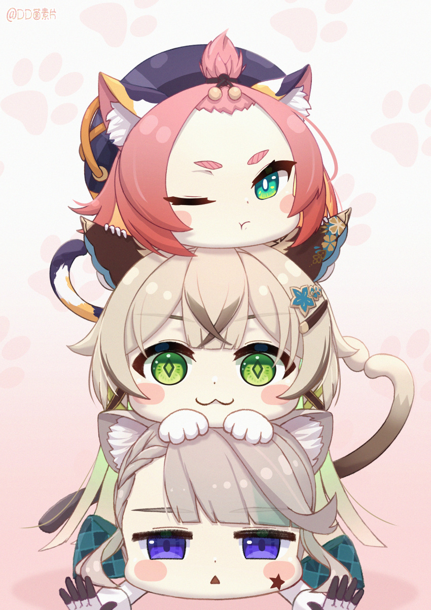 :3 absurdres animal_ear_fluff animal_ears bangs_pinned_back blunt_bangs blush_stickers braid brown_hair calico cat_ears cat_girl cat_tail chibi commentary_request dd_che_shen detached_sleeves diona_(genshin_impact) facial_tattoo forehead genshin_impact gloves green_eyes grey_hair hair_between_eyes hair_ornament hairclip hat highres kirara_(genshin_impact) long_hair long_sleeves looking_at_viewer lying lying_on_person lynette_(genshin_impact) multicolored_hair nekomata on_stomach parted_bangs pink_hair short_hair sidelocks simple_background single_braid star_tattoo streaked_hair tail tattoo thick_eyebrows two-tone_gloves two-tone_hair violet_eyes white_gloves x_hair_ornament