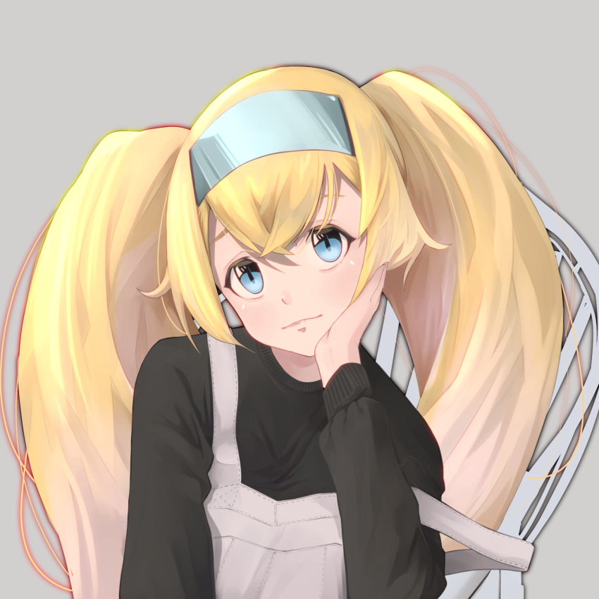 1girl alternate_costume black_sweater blonde_hair blue_eyes blue_hairband gambier_bay_(kancolle) grey_background hairband highres kantai_collection long_hair neko_no_hige overalls simple_background solo strap_slip sweater twintails upper_body white_overalls