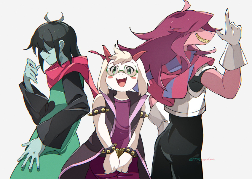 1boy 1girl 1other :d ahoge androgynous antenna_hair armlet armor black_bodysuit black_coat black_hair black_skirt blue_skin blush_stickers body_fur bodysuit bodysuit_under_clothes bracelet breastplate cape coat colored_skin cosplay costume_switch covered_eyes cowboy_shot deltarune elbow_gloves fangs from_side furry furry_female furry_male glasses gloves goat_boy goat_horns green-framed_eyewear green_eyes grin hand_on_own_hip hand_up hashtag_only_commentary highres horns index_finger_raised jewelry kris_(deltarune) kris_(deltarune)_(cosplay) long_hair long_sleeves looking_at_viewer open_mouth own_hands_together pink_cape pink_scarf pink_skin profile purple_hair purple_shirt ralsei ralsei_(cosplay) round_eyewear scarf shaded_face sharp_teeth shirt sideways_mouth signature simple_background skin_fangs skirt sleeveless sleeveless_coat smile sonokare spiked_armlet spiked_bracelet spikes standing susie_(deltarune) susie_(deltarune)_(cosplay) teeth twitter_username v_arms white_background white_fur white_gloves