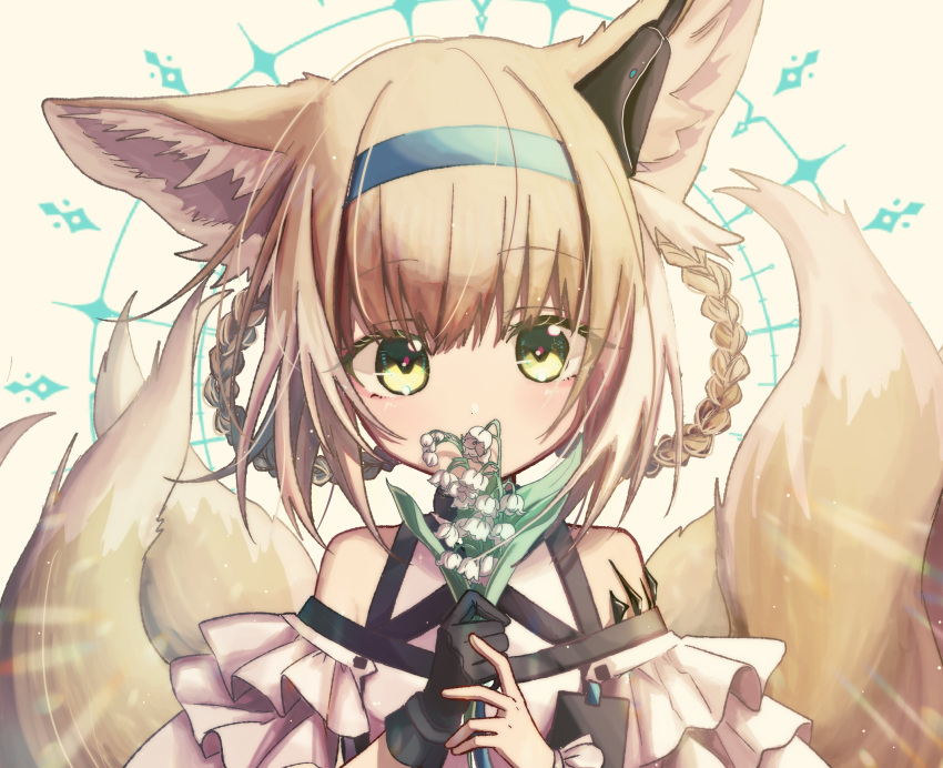 1girl animal_ears arknights bare_shoulders black_gloves blonde_hair blue_hairband braid braided_hair_rings commentary_request flower fox_ears fox_girl fox_tail gloves green_eyes hair_rings hairband highres holding holding_flower kitsune kyuubi lily_of_the_valley looking_at_viewer miritenoru multiple_tails oripathy_lesion_(arknights) partial_commentary short_hair single_glove solo suzuran_(arknights) tail twin_braids upper_body