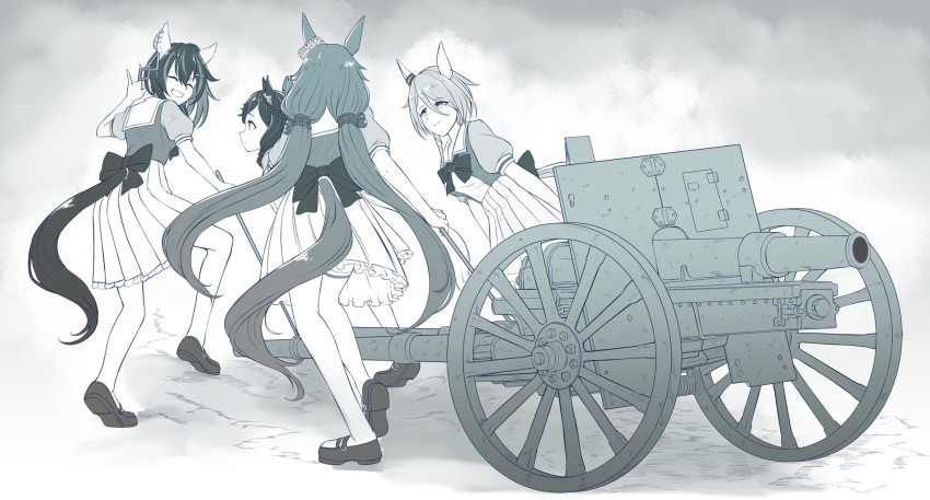 4girls animal_ears artillery breasts closed_eyes closed_mouth commission daitaku_helios_(umamusume) highres horse_ears horse_girl horse_tail k.s.miracle_(umamusume) long_hair low_twintails medium_breasts medium_hair monochrome multiple_girls same_kujira_(challenger_310) school_uniform shoes simple_background skeb_commission standing tail thigh-highs tracen_school_uniform twintails umamusume weapon wheel yamanin_zephyr_(umamusume)