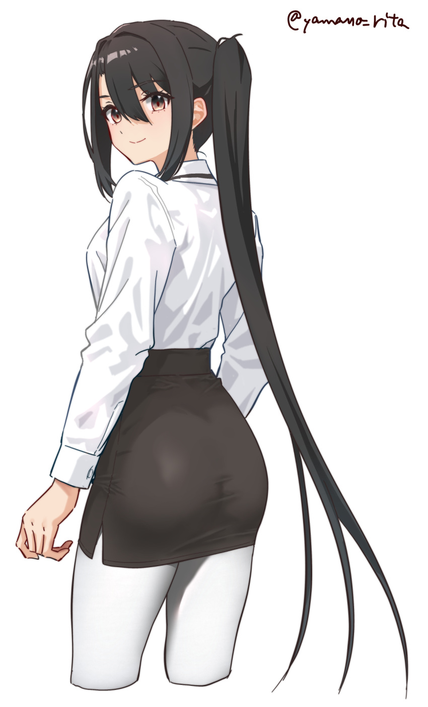 1girl ass black_hair black_skirt brown_eyes collared_shirt cropped_legs dress_shirt from_behind highres kantai_collection long_hair looking_at_viewer looking_back nachi_(kancolle) one-hour_drawing_challenge pantyhose pencil_skirt shirt simple_background skirt solo twitter_username very_long_hair white_background white_pantyhose white_shirt yamano_rita