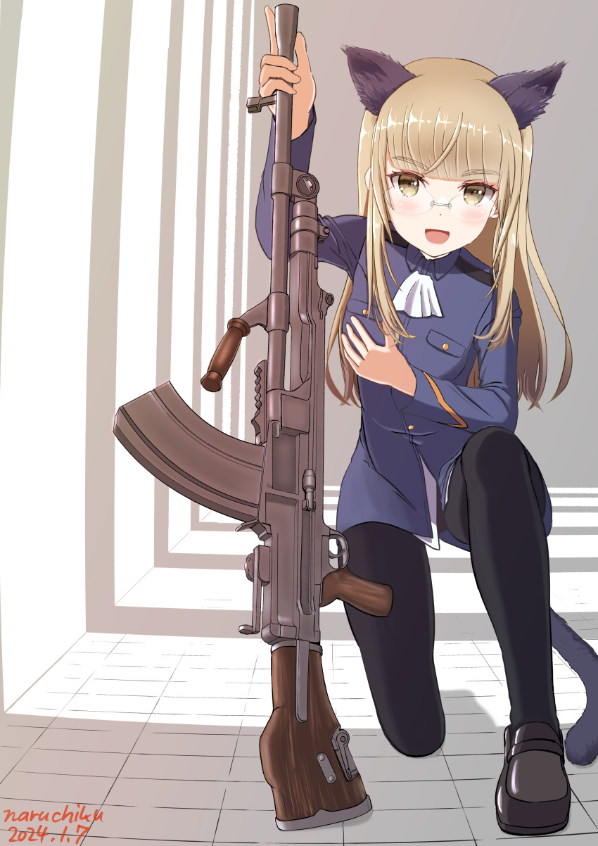 1girl absurdres animal_ears artist_name black_pantyhose blonde_hair blue_jacket bren_lmg cat_ears cat_girl character_request dated glasses gun highres jacket light_machine_gun long_sleeves looking_at_viewer military_uniform naruchisukisuki pantyhose solo strike_witches uniform weapon world_witches_series yellow_eyes