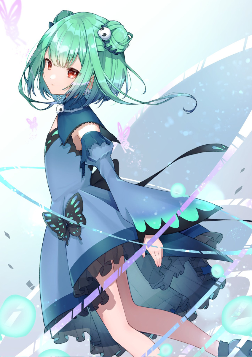 1girl ankle_boots aqua_hair blue_dress boots bug butterfly corrupted_twitter_file detached_collar detached_sleeves double_bun dress earrings flat_chest frilled_dress frills gradient_hair green_hair hair_bun hair_ornament hair_ribbon high_heels highres hololive jewelry juliet_sleeves kuwaefuru light_smile long_sleeves multicolored_hair puffy_sleeves red_eyes ribbon short_dress sidelocks skull_brooch skull_earrings strapless strapless_dress uruha_rushia uruha_rushia_(1st_costume) wide_sleeves