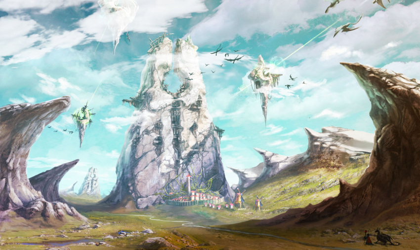1other blue_sky building cliff commentary_request day defensive_wall dragon fantasy floating floating_object flock flying haguruma_rapt highres holding holding_staff horizon machine magic megastructure metal mountain nature original outdoors plant rock ruins scenery sky staff standing stream tower town vines water western_dragon windmill