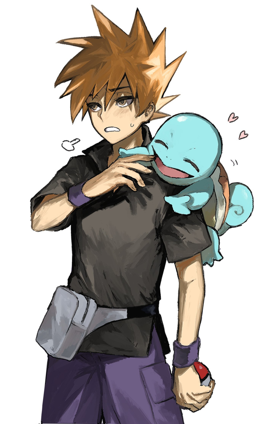 1boy bag black_shirt blue_oak brown_eyes closed_eyes heart highres holding holding_poke_ball kase_(tak0_was4bi) male_focus on_shoulder open_mouth orange_hair poke_ball poke_ball_(basic) pokemon pokemon_(creature) pokemon_frlg pokemon_on_shoulder puff_of_air shirt short_sleeves simple_background spiky_hair squirtle white_background