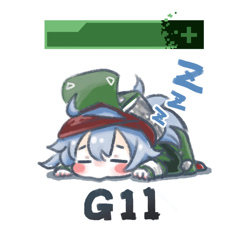 1girl blush_stickers character_name chibi chinese_commentary closed_eyes coat commentary_request g11_(girls'_frontline) girls_frontline green_coat green_headwear grey_hair hair_between_eyes hat health_bar long_hair lying on_stomach red_footwear simple_background sleeping solo su_xiao_jei white_background zzz