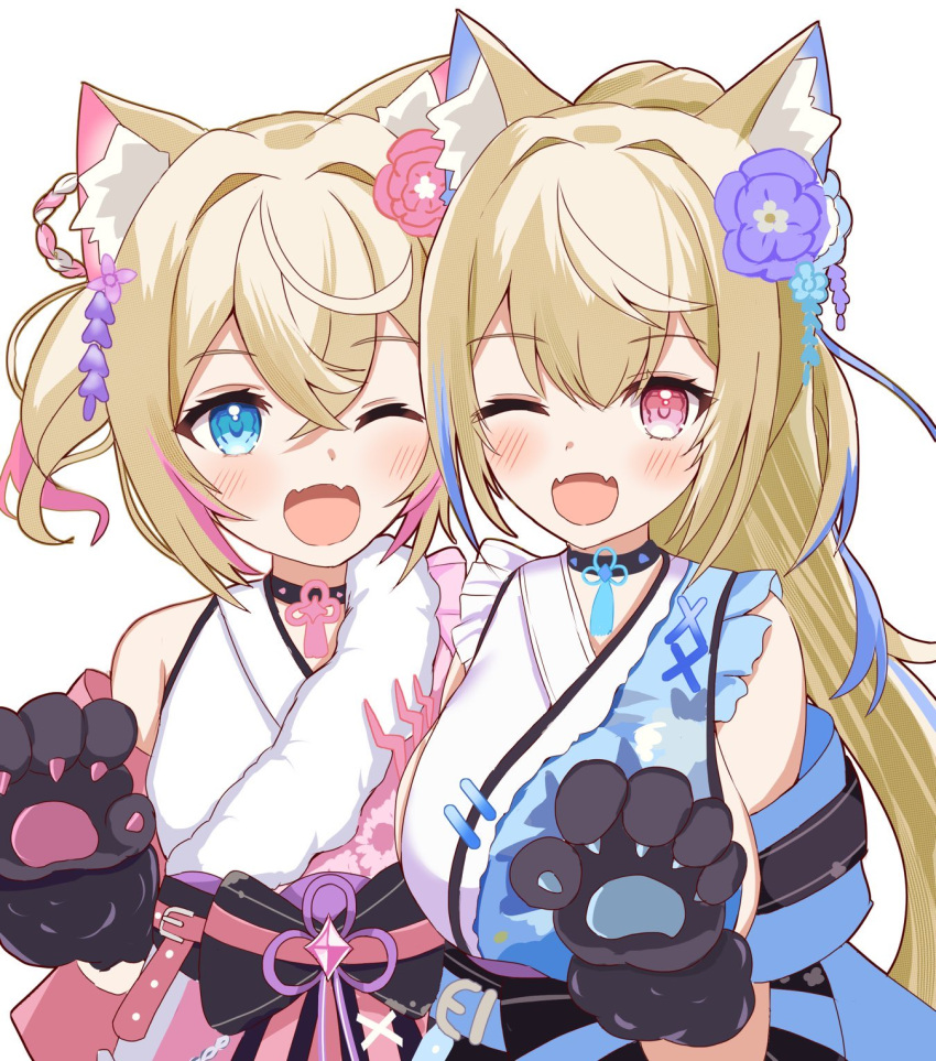 2girls :3 :d animal_ear_fluff animal_ears animal_hands blonde_hair blue_eyes blue_hair blue_kimono dog_ears dog_girl dog_paws fangs floral_print_kimono flower fuwawa_abyssgard fuwawa_abyssgard_(new_year) hair_flower hair_ornament highres hololive hololive_english japanese_clothes kimono male_focus mococo_abyssgard mococo_abyssgard_(new_year) multicolored_hair multiple_girls official_alternate_costume pink_eyes pink_hair pink_kimono ponytail sabamiso_(tomomon021831) siblings sisters skin_fangs sleeveless sleeveless_kimono smile streaked_hair twins twintails virtual_youtuber