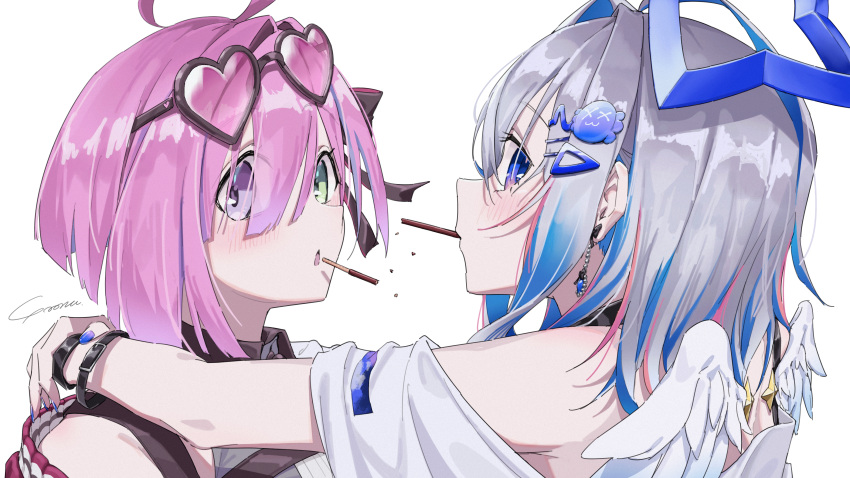 2girls absurdres ahoge amane_kanata angel angel_wings arms_around_neck blue_hair blue_nails blush food food_in_mouth green_eyes grey_hair hair_ornament hairpin halo heart heart-shaped_pupils heterochromia highres himemori_luna himemori_luna_(5th_costume) hololive hug looking_at_viewer medium_hair multicolored_hair multiple_girls nail_polish official_alternate_costume pink_hair pocky pocky_in_mouth pocky_kiss shirt short_hair star_halo streaked_hair symbol-shaped_pupils violet_eyes virtual_youtuber white_background white_shirt wings yo_na yuri