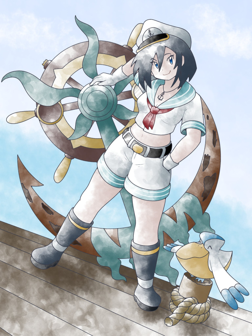 1girl anchor_necklace belt black_footwear blue_background blue_eyes closed_mouth commentary dhelmise english_commentary full_body gloves greatmothsucks green_sailor_collar hand_in_pocket hat highres jewelry murasa_minamitsu navel neckerchief necklace pelipper pokemon pokemon_(creature) red_neckerchief sailor sailor_collar sailor_hat shirt shorts smile touhou white_gloves white_headwear white_shirt white_shorts
