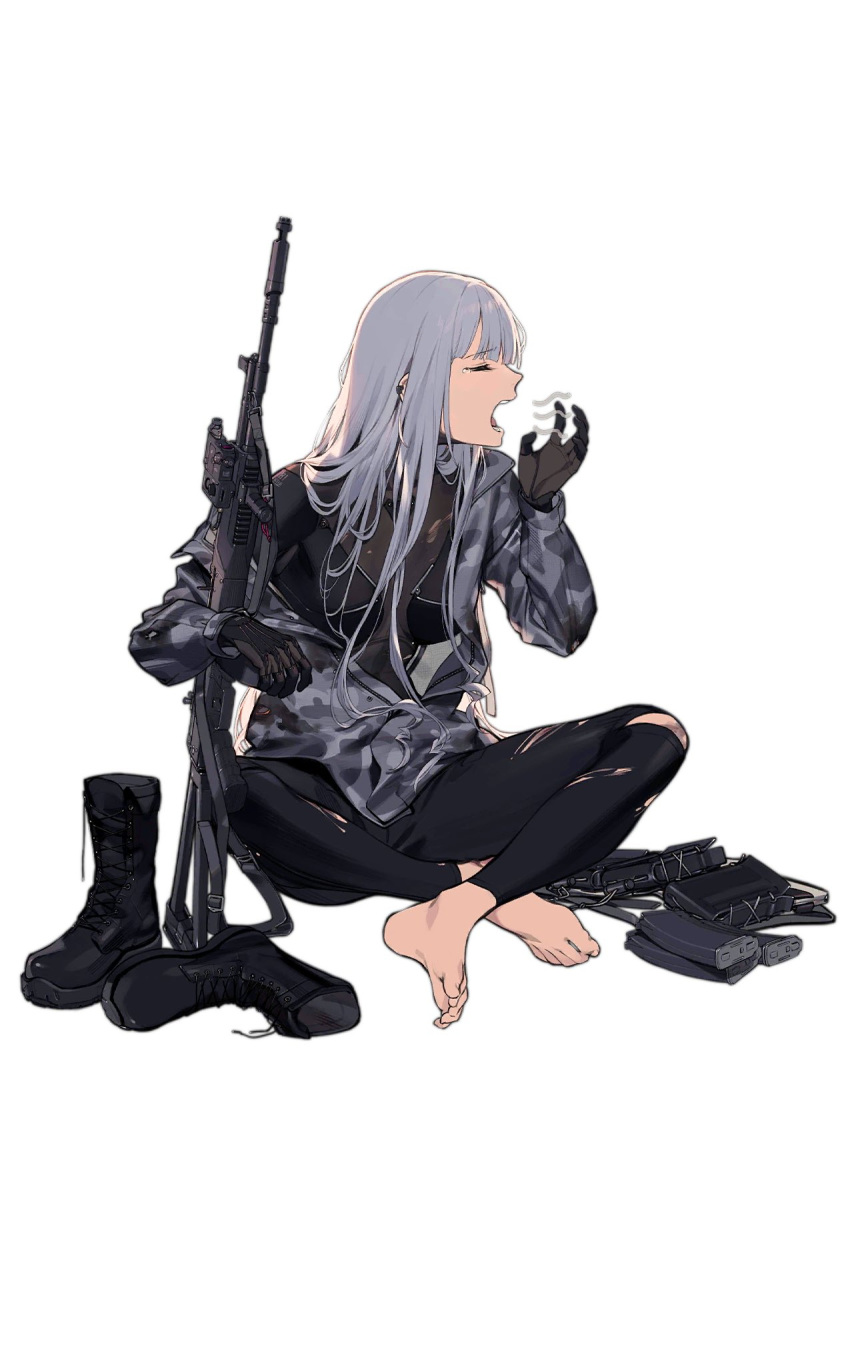 1girl ak-12_(girls'_frontline) barefoot boots camouflage closed_eyes duplicate girls_frontline grey_hair grey_jacket gun highres jacket long_hair long_sleeves open_mouth profile simple_background sitting solo tears torn_clothes unworn_boots weapon weapon_request white_background yawning