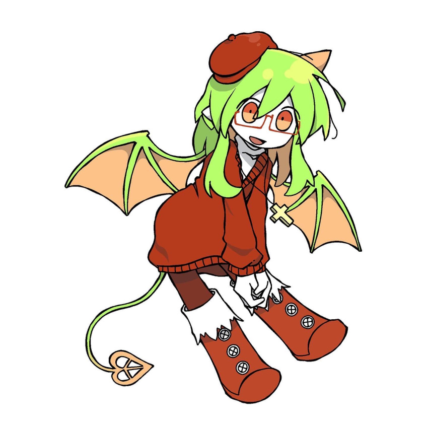 1girl beret birdweon boots colored_skin cross cross_necklace demon demon_girl demon_horns demon_tail demon_wings funamusea green_wings haiiro_teien hat highres horns jewelry necklace open_mouth orange_horns pointy_ears red_eyes red_footwear red_sweater solo sweater tail white_background white_skin wings yosafire_(haiiro_teien)