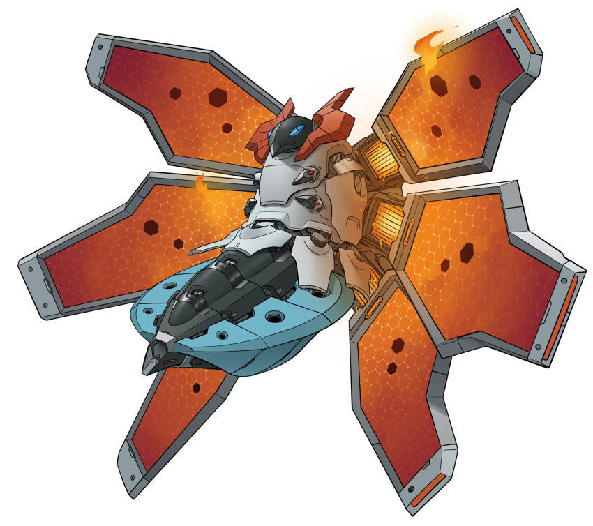 blue_eyes fire flying gifer_art highres joints mecha mecha_focus mechanical_wings mechanization no_humans non-humanoid_robot pokemon pokemon_(creature) robot robot_joints science_fiction simple_background solo volcarona white_background wings