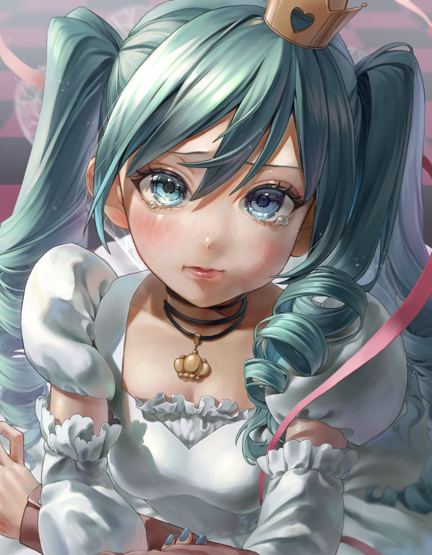 1girl :t aqua_eyes aqua_hair aqua_nails arm_hug blurry blurry_background checkered_floor choker crown crown_ornament crying crying_with_eyes_open depth_of_field dress elbow_gloves frilled_dress frilled_gloves frills gloves grabbing_another's_arm hair_between_eyes hatsune_miku highres light_blush looking_at_viewer mini_crown pink_lips pink_ribbon pout pov pov_hands puffy_short_sleeves puffy_sleeves rearea_7777 ribbon sad short_sleeves solo tearing_up tears tsundere vocaloid white_dress white_gloves world_is_mine_(vocaloid)