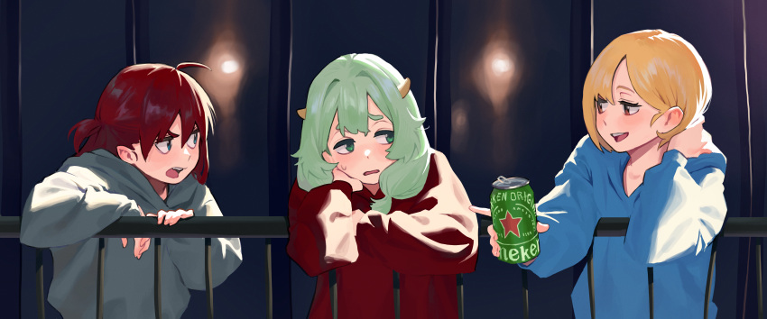 3girls absurdres against_railing ahoge beer_can blue_eyes blue_shirt blush brown_eyes can drink_can english_commentary green_eyes green_hair grey_shirt hand_on_own_cheek hand_on_own_face hand_on_own_neck heineken highres hipa_(some1else45) holding holding_can horns jitome long_hair looking_at_another multiple_girls nahia_(some1else45) one_side_up open_mouth original pointy_ears product_placement railing red_shirt sekoshi_(some1else45) shirt short_hair smile some1else45 sweatdrop upper_body v-shaped_eyebrows