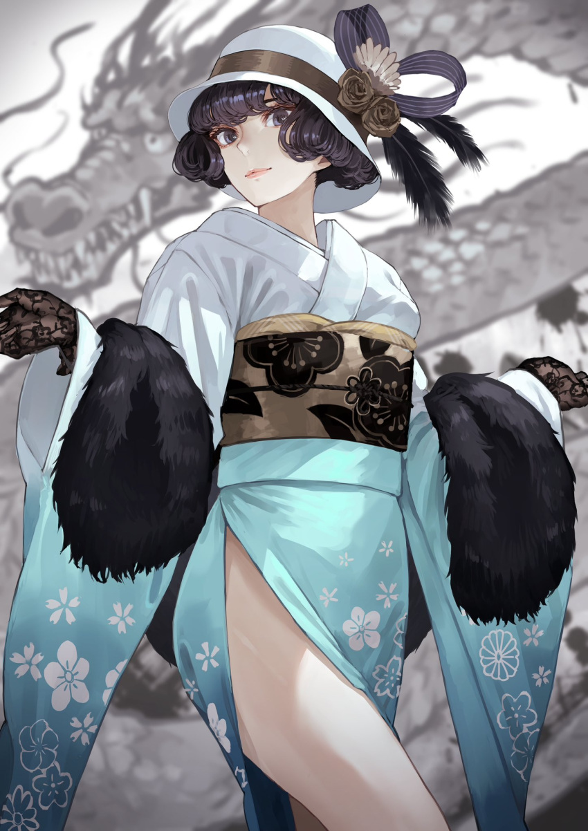 1girl bare_legs black_eyes black_gloves black_hair blue_kimono bob_cut closed_mouth dragon dragon_background eastern_dragon facing_to_the_side floral_print floral_print_kimono floral_print_sash fur_shawl gloves hat hat_feather hat_ornament highres japanese_clothes kaoming kimono lace lace_gloves light_smile long_sleeves looking_at_viewer medium_hair multicolored_clothes multicolored_kimono nanjou_ao new_year original sash shawl side_slit smile solo white_kimono