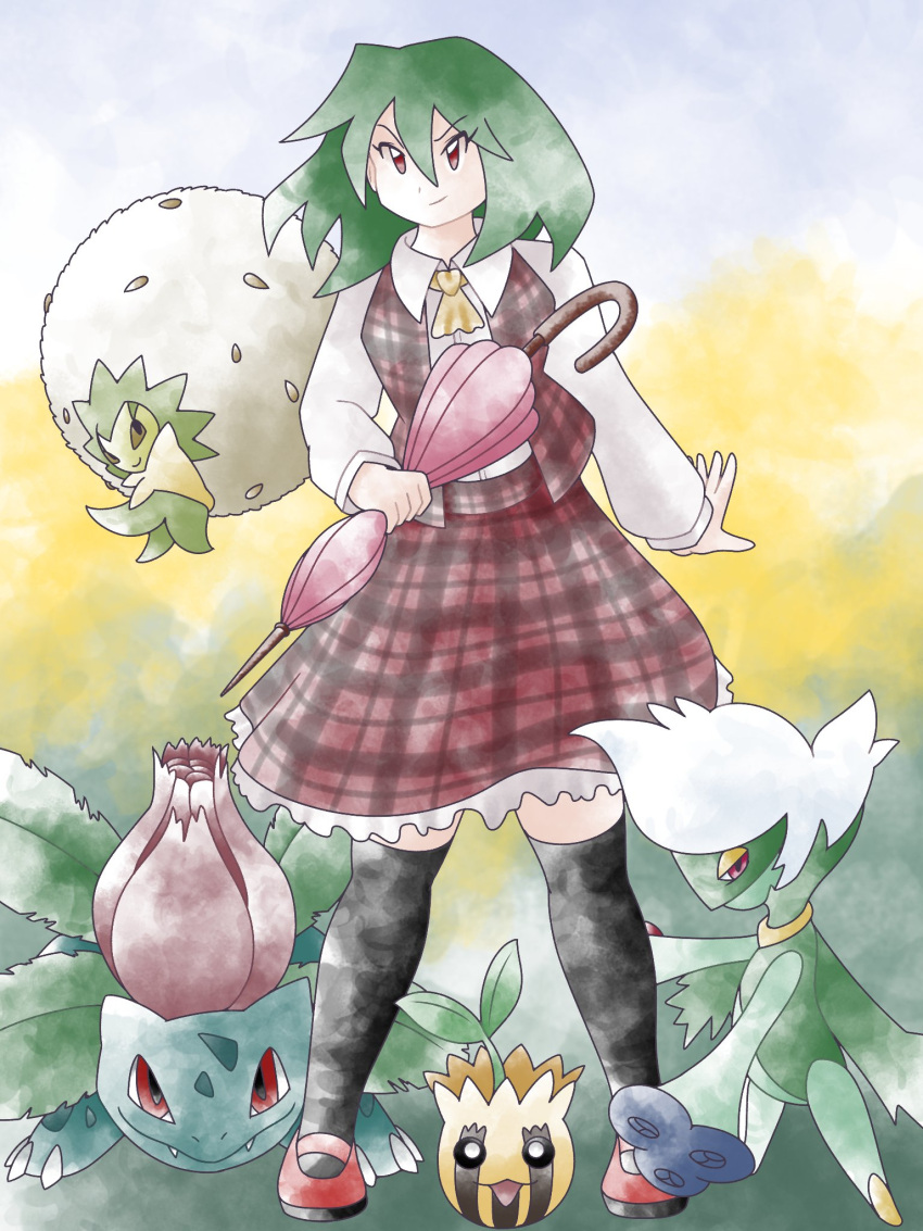1girl ascot black_thighhighs character_request closed_mouth commentary english_commentary full_body greatmothsucks green_hair highres holding holding_umbrella ivysaur kazami_yuuka long_sleeves looking_at_viewer multicolored_background outdoors pink_umbrella plaid plaid_skirt plaid_vest pokemon pokemon_(creature) red_eyes red_footwear red_skirt red_vest roserade shirt short_hair skirt standing sugimori_ken_(style) sunkern thigh-highs touhou umbrella vest white_shirt yellow_ascot
